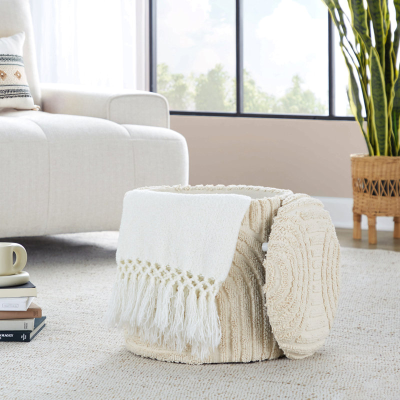Repose-pieds de rangement 18 po en coton beige avec motif texturé à poils longs