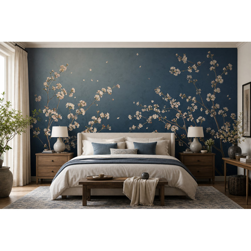 Murale de fleurs de cerisier en fleurs sur fond bleu marine, 200"x120", Peel and Stick