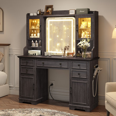 Large Vanity Desk With Mirror And Lights Girls Vanity With Power Outlet Makeup Vanity Table With Hair Dryer Rack by Alcott Hill