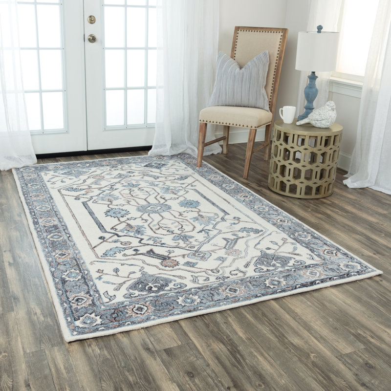 Tapis oriental ivoire / gris touffeté à la main Oriental, Rectangle de 7 pi 6 po x 9 pi 6 po