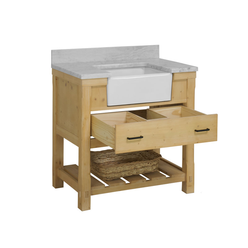 Ensemble de meuble-lavabo simple 36 po Hitton, Marbre de Carrare, Bois flottant