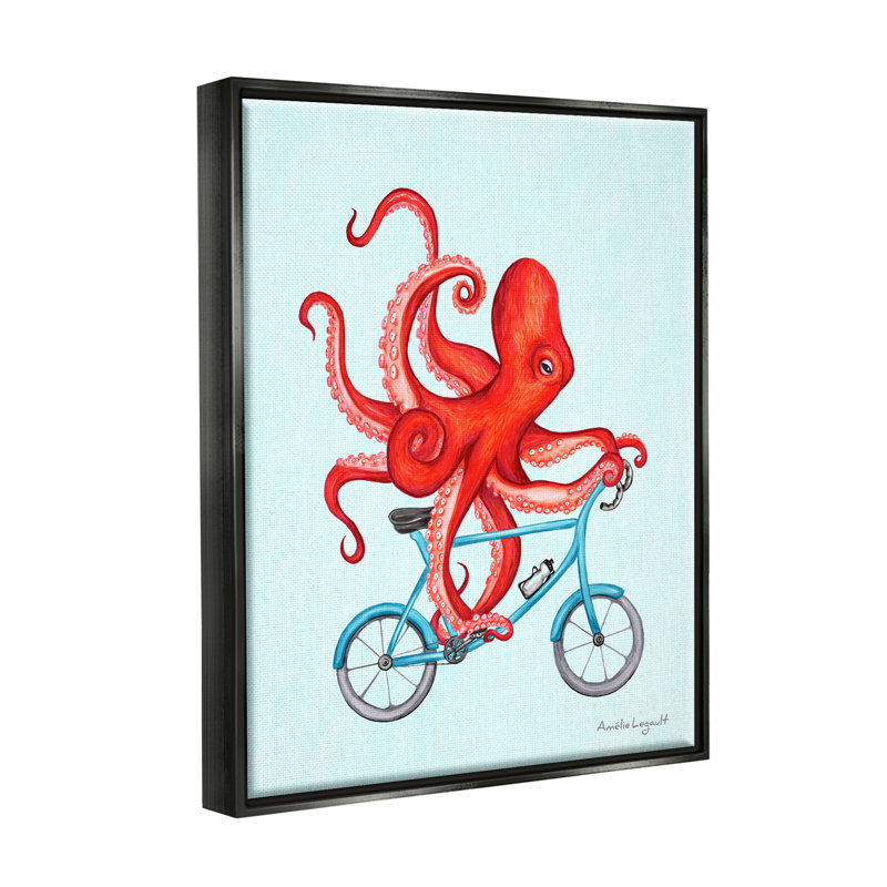 Tentacules de pieuvre rouge sur un vélo bleu par Amelie Legault - reproduction sur toile flottante