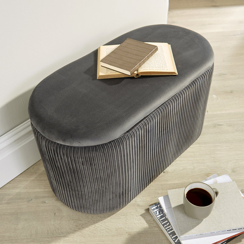 Ariana 76cm Wide Velvet Oval Solid Colour Ottoman with Storage, Grey