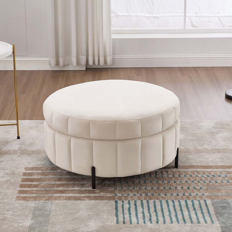 31.5"W Upholstered Round Ottoman With Reversible Lid, Velvet Storage Stool, Channel Tufted Pumpkin-Shape Footstool For Living Room, Bedroom And Office