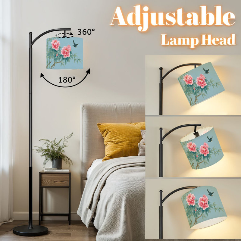 Arc Floor Lamp with Adjustable Lampshade Spring Flower Blue Vintage Flower Art Blooming Peony Flowers Curved Standing Lamp 3 Color Temperatures Dimmable Tall Pole Lamp with Foot Switch for Bedroom