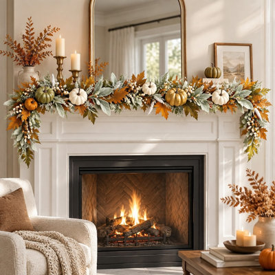 6Ft Fall Garland with Sage Green and Cream Pumpkins