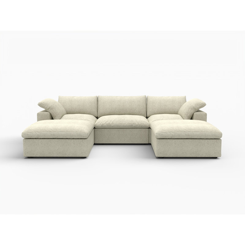 Canapé modulaire 120 po en mélange de lin beige avec repose-pieds et coussins décoratifs