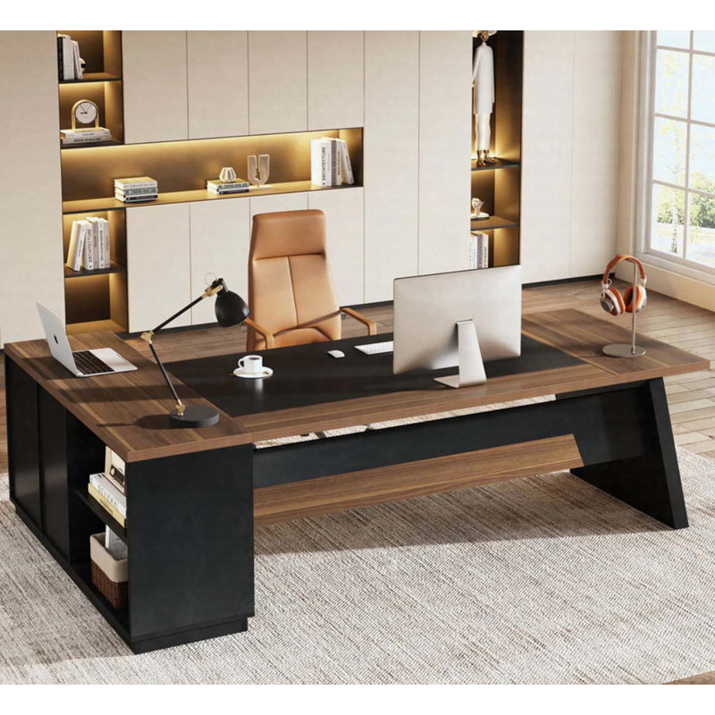 Bureau de direction en L 78,7 po avec classeur, tiroirs et tablettes, poste de travail moderne