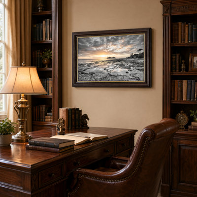 Art mural antique sur toile encadré doré pour le salon, la chambre à coucher, le bureau ou le vestibule - Décoration murale décorative avec coucher de soleil