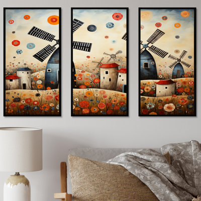 Folk Art Wind Turbines Village V - Wind Turbines Wall Art