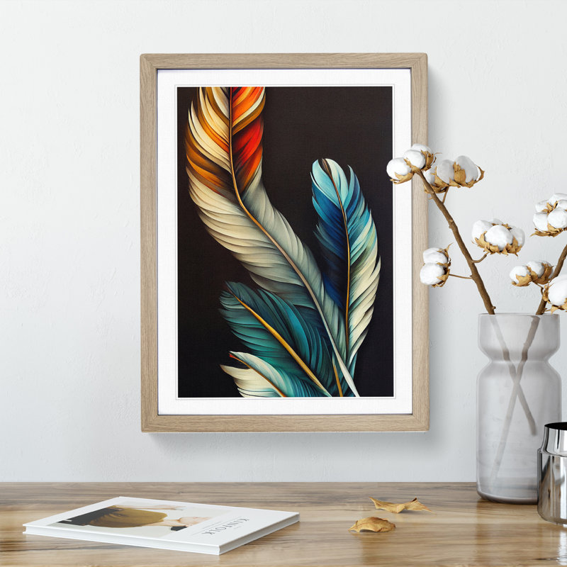 Pretty Feathers - Single Picture Frame Print, 64cm H x 46cm W x 2cm D, Oak Framed, White