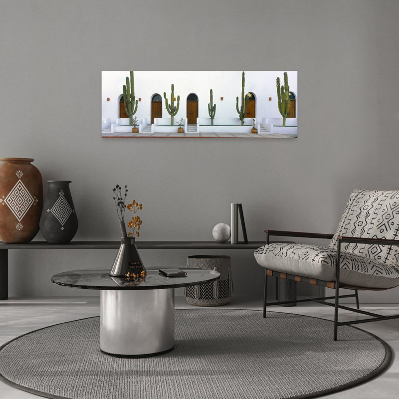 View Of Cardon Cactus Plants Outside A Building Todos Santos Baja California Sur Mexico by Leo L. Larson - Wrapped Canvas Panoramic Print