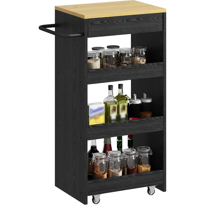 Wood Storage Cart, 4 Tier Rolling Kitchen Cart On Wheels, Slide Out Utility Cart, Organizer Trolley With Handle, Drawer For Kitchen, Laundry, Bathroom, Black