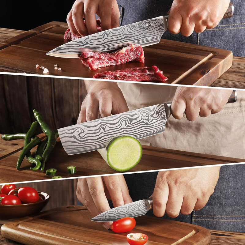 Ensemble de couteaux de cuisine professionnel 3 pièces avec pales en acier inoxydable à haute teneur en carbone et poignées ergonomiques en bois