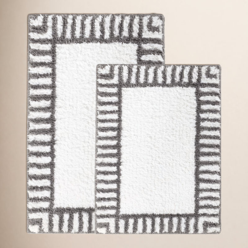 Ensemble de 2 tapis de salle de bain à poils longs Inaya, Blanc / Gris, LARGE- 2 pièces