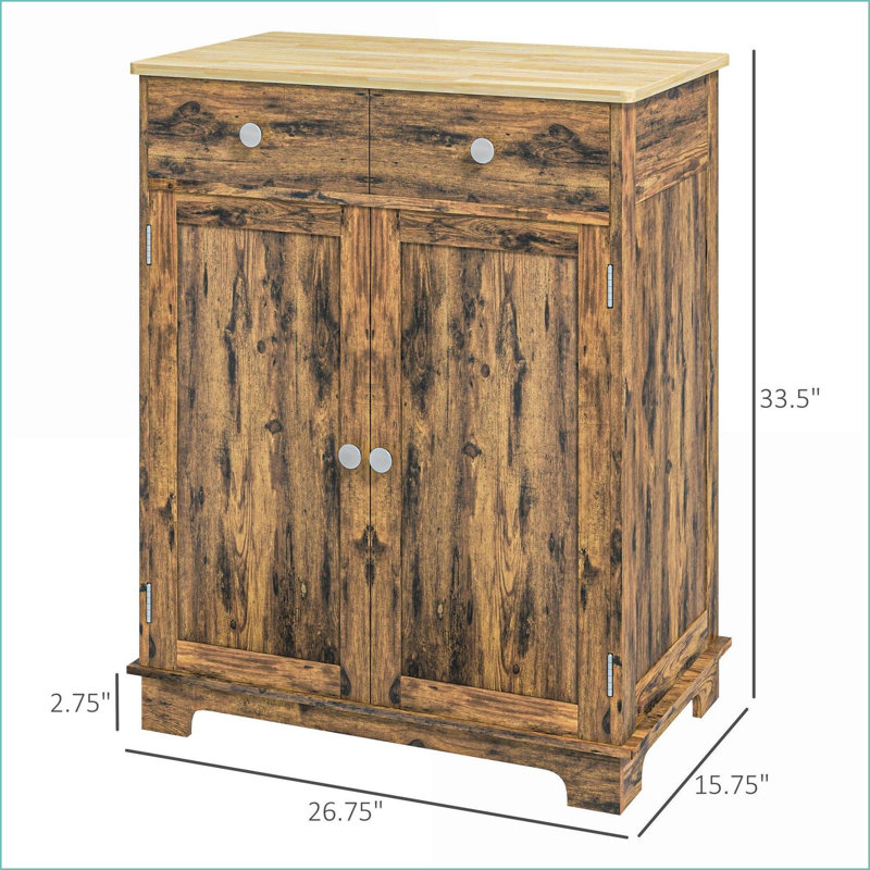 Cabinets with Solid Wood Countertop, Modern Rustic Kitchen Storage Sideboard with 2 Drawers, Doors &amp; Adjustable Shelf | Rustic Brown | Engineered Wood