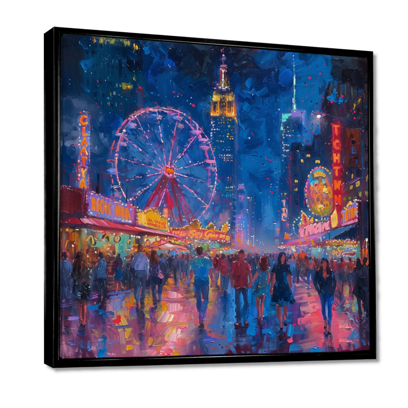 Rose, bleu, parcs d'attractions Neon Nights - décoration murale parcs d'attractions, H 16 po x l 16 po, Cadre flottant noir