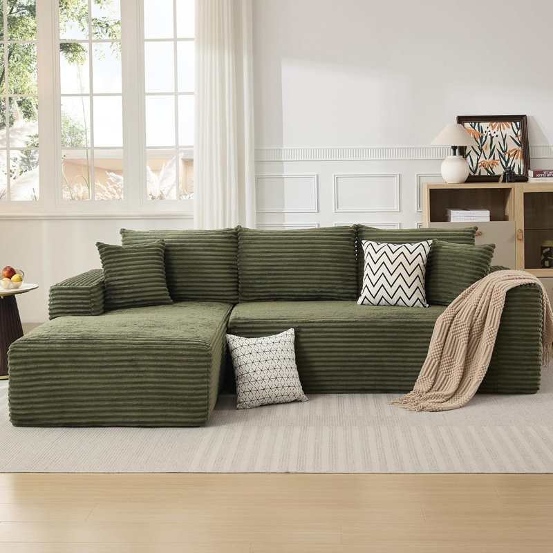 Canapé modulaire rembourré en tissu de velours côtelé en L 108 po avec méridienne 108 po, Velours côtelé vert