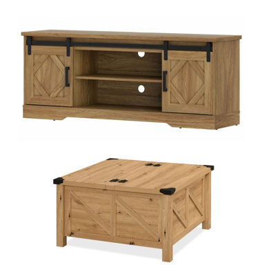 Farmhouse TV Stand And Coffee Table Set Of 2, Entertainment Center For Tvs Up To 65",Vintage Oak