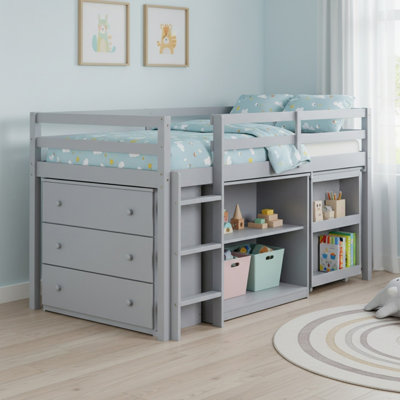 Solid Wood Twin Loft Bed with Drawer Cabinet, Shelf Cabinet and Pulling-Out Desk 