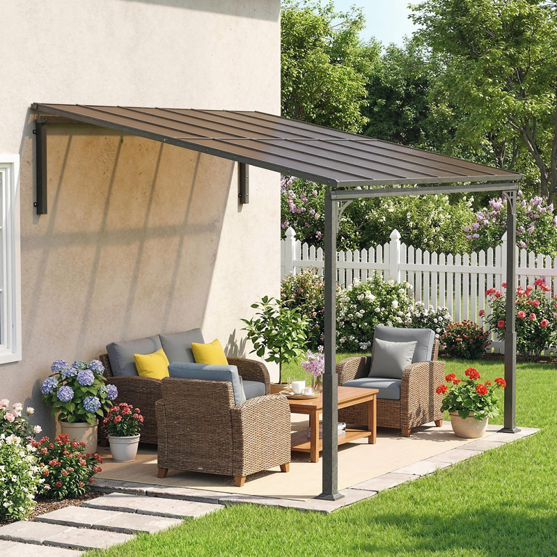 Outsunny 3.4 x 3 m Metal Lean-to Hardtop Gazebo, Wall-Mounted Pergola