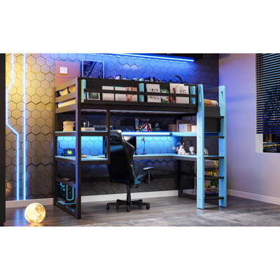 Lit mezzanine simple en bois bleu nuage, bureau, rangement latéral, étagères à deux niveaux pour le jeu et le style de la pièce