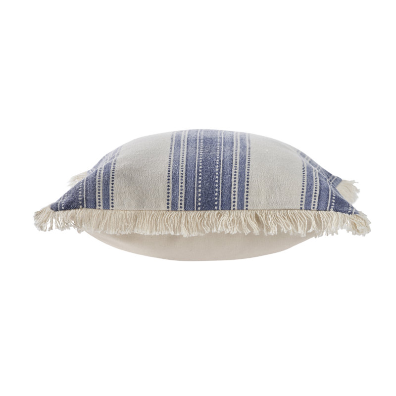 Navy and Ivory Striped Cotton Throw Pillow Set with Fringe