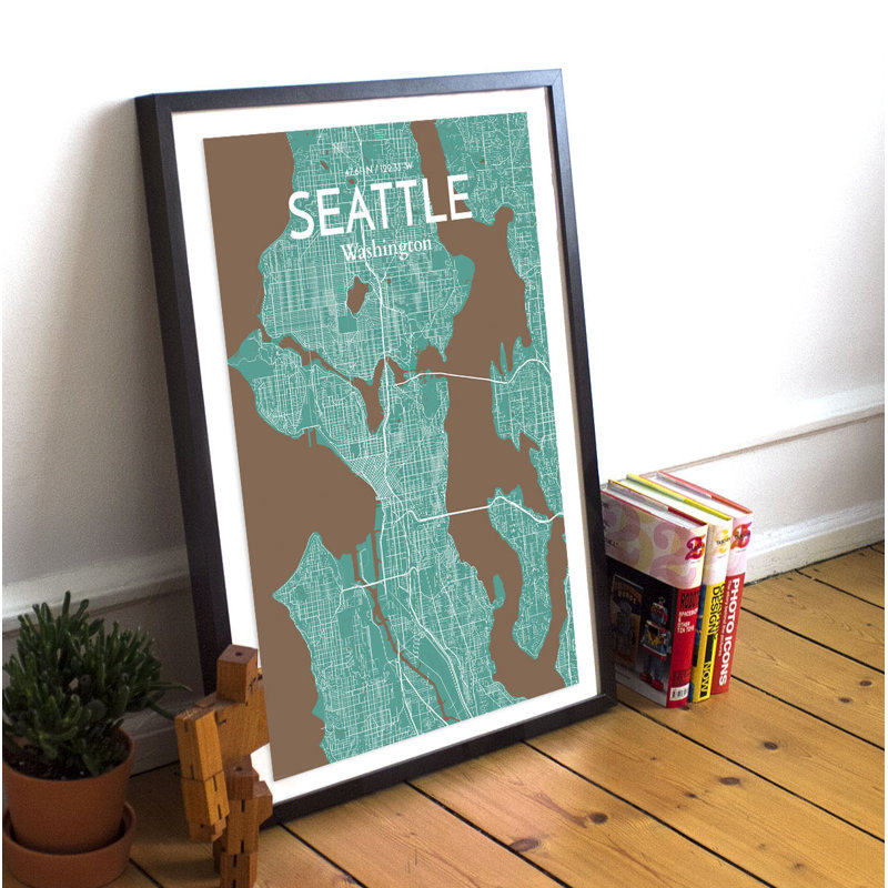 « seattle city map », reproduction d’impression sur affiche en nature, H 36 po x l 24 po x P 0,05 po
