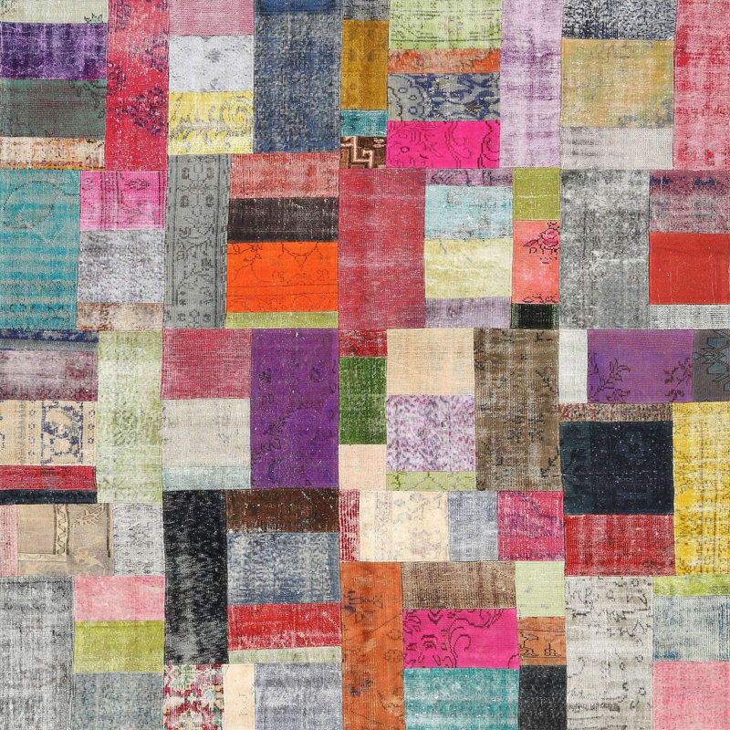 Tapis rouge/brun/bleu zone contemporaine, Carré 3 pi