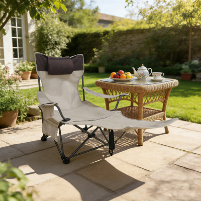 Outdoor Folding Camping Chair With 3 Level Recline And Cup Holder, Beige