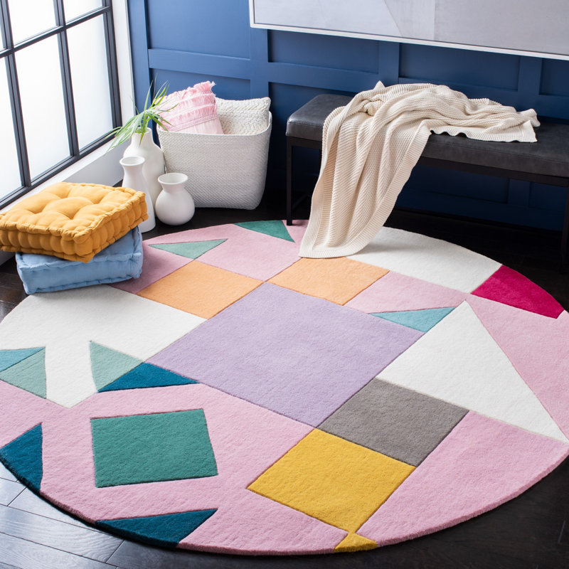 Tapis rose / orange / beige en laine touffeté à la main Harsirat, Rond 7 pi