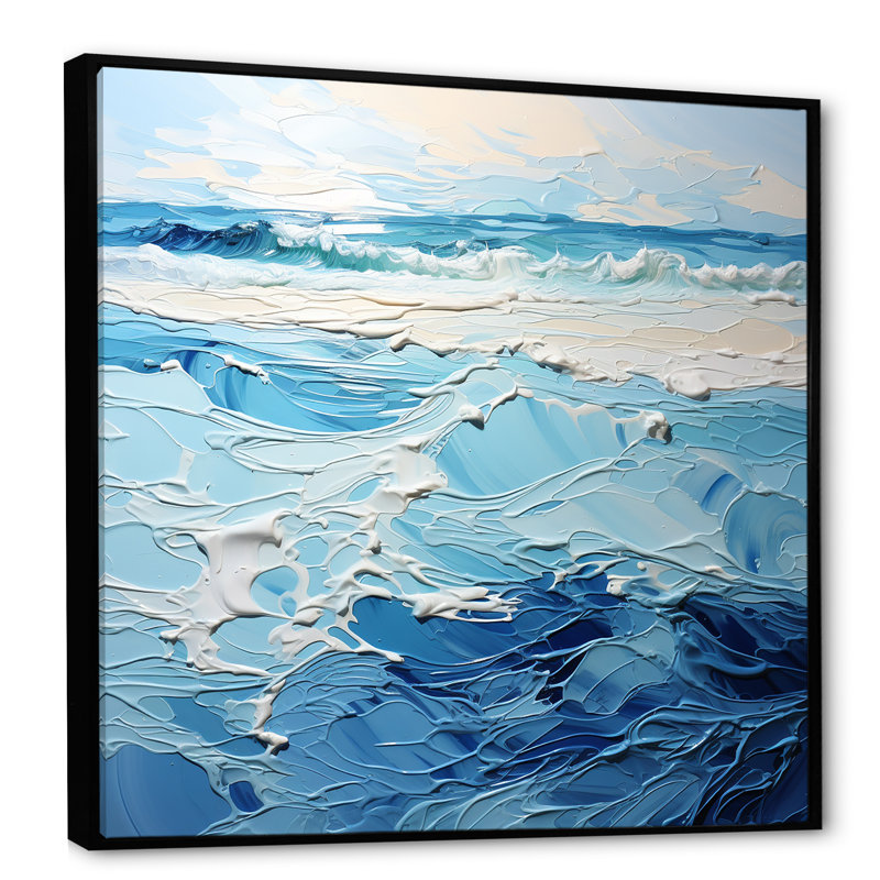 Bleu et blanc, vagues modernes de la côte II - art mural minimaliste côtier, Cadre flottant noir, H 36 po x l 36 po