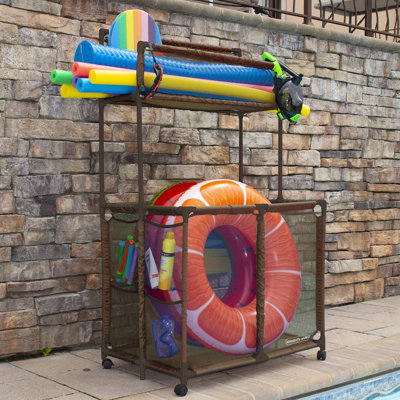 Collapsible Pool Storage Bin, Lockable Wheels, Pvc & Mesh, 12.5 Cu Ft Capacity, 35.3" L X 23" W X 59.5" H, Brown
