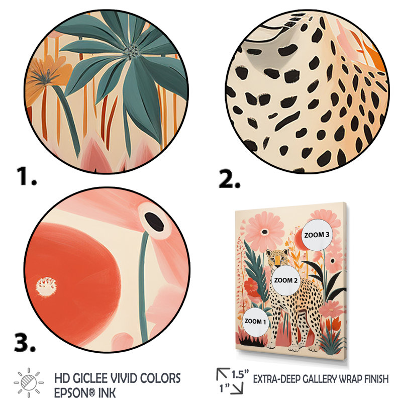 Pink and Green Tropical Leopard Canvas Print with White Floater Frame