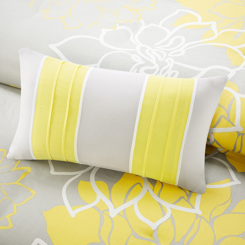 Literie courte en coton taupe gris/jaune, King/King, 6 pièces, imprimée, réversible avec coussins imprimés colorés.