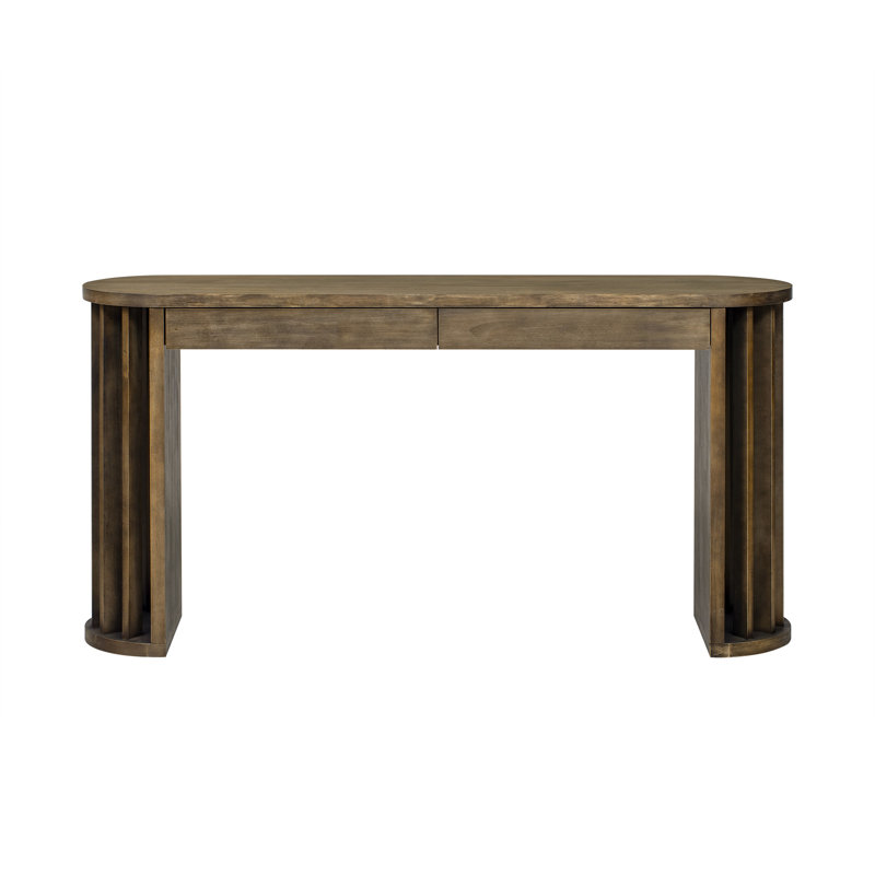 59-Inch Long Console Table With Oak Veneer Entryway Table With Vertical Ribbed Table Leg Minimalist Sofa Table With 2 Drawers For Entrance