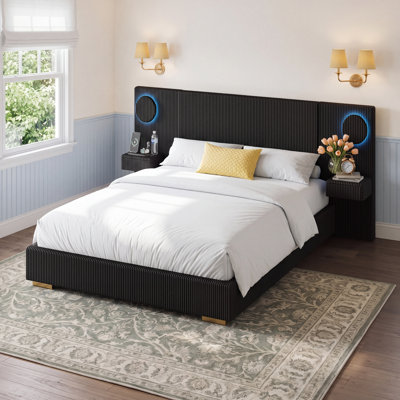 Queen Size Upholstered Platform Bed with LED Circle Lights, USB Charging Ports & Side Storage Drawers, Black
