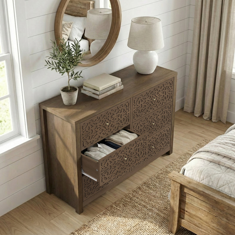 Zahara Bohemian 45.4"W 6 Drawer Dresser, Dark Brown Oak