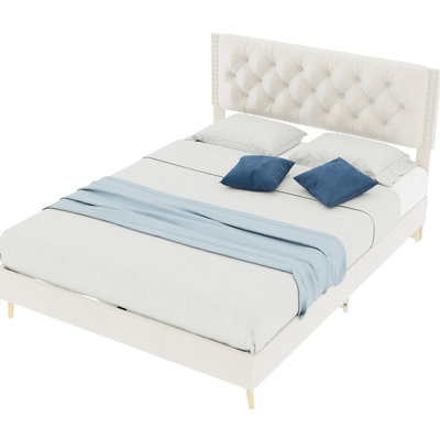 Full Size, Beige, Upholstered Bed Frame, Poplar Wood Type, Velvet Upholstery, Inviting Bedroom Bed, Stable Support, All Weights, Headboard, Reading, Versatile Piece