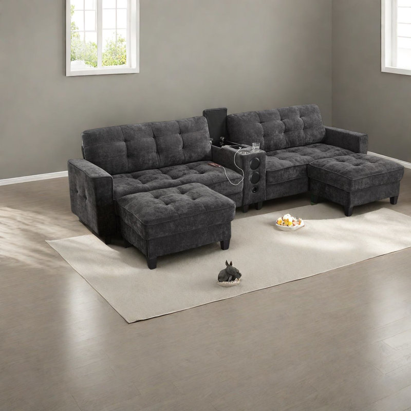 Canapé modulaire multifonctionnel en U gris chenille pour salon moderne
