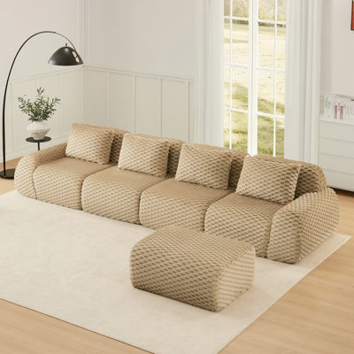 146" Modern L-Shaped Modular Sectional Sofa For Living Room,Flannelette Fabric,Oversized 4-Seater Couch,Boneless Sofa ,Movable Ottoman,Buckle Connection,Anti-Slip Design,No Assembly,Light Camel