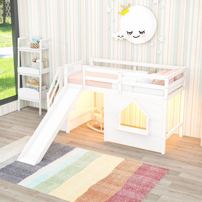 Lit mezzanine simple bas avec escalier de rangement, glissade et éclairage multicolore