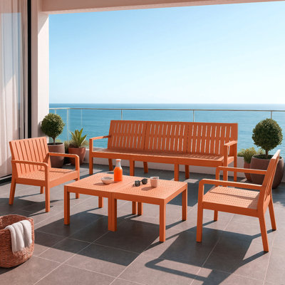 5-Piece Indoor/Outdoor Furniture Set - 3-Seater Sofa, 2 Chairs & 2 Coffee Tables Waterproof Pp Material - Easy Assembly Patio Conversation Set