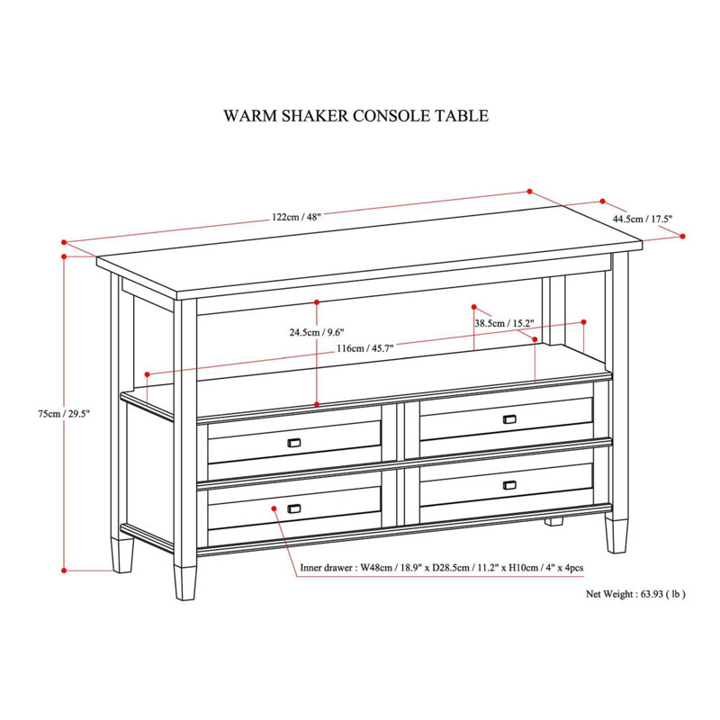 Warm Shaker 48"W Solid Wood Storage Console Table with 4 Drawers and Open Shelf, Light Golden Brown