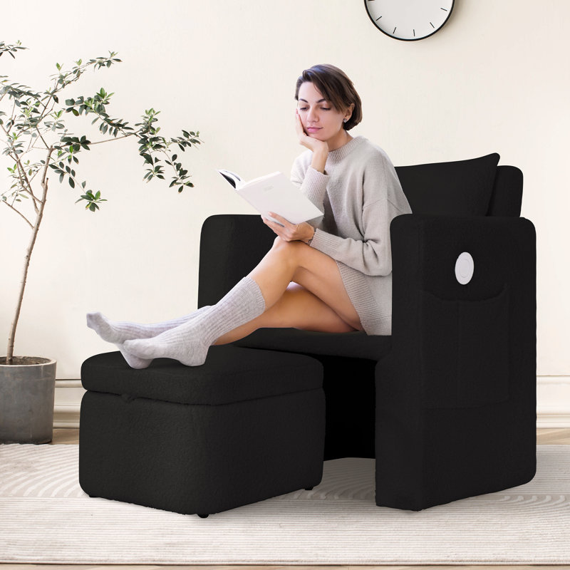 Fauteuil d'appoint Barrel avec repose-pieds de rangement, Noir