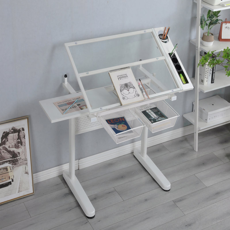 Hand Crank Adjustable Drafting Table Drawing Desk With 2 Metal Drawers (White)With Stool