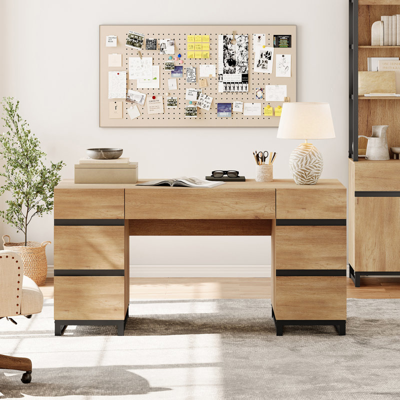 Aadam 59" Modern Executive Desk With Drawers, Wood Computer Writing Desk With Charging Station, Office Desk With File Drawer, Study Table For Bedroom, Living Room, Home Office,.