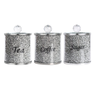 Food Storage Coffee Sugar Tea Container Canister Set of 3 with Label & Lid, Crushed Diamond Decorations, Glass Flour and Sugar Containers Kitchen Coffee Jar Storage Set