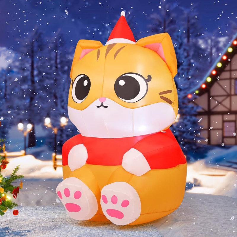 Christmas Inflatable 6 FT Sitting Christmas Cat Inflatables Christmas Cat Blow Up with Built-in LEDs