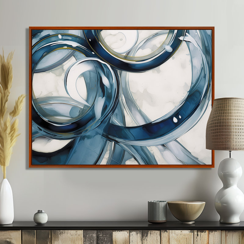 Tourbillon bleu - art abstrait spirale moderne, Toile avec cadre flottant brun, H 24 po x l 32 po x P 1 po